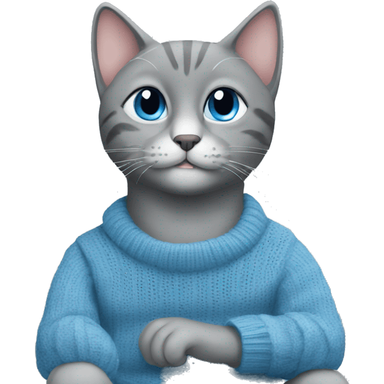 sitting grey cat blue eyes blue sweater  emoji