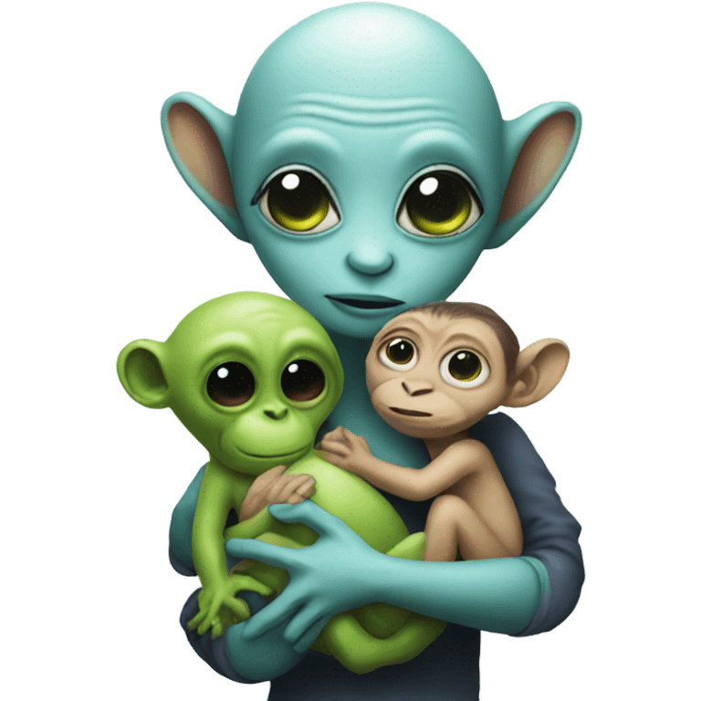 Alien holding a monkey like a baby emoji