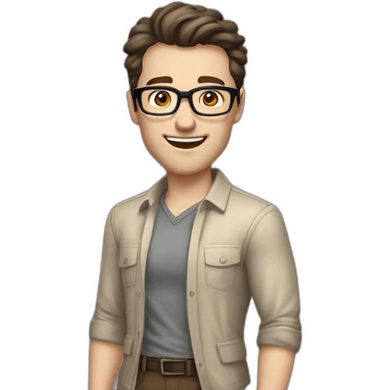 Joyful Pale skinned Fit Man With dark brown hair in gray jacket, beige office shirt, Brown pants and vintage glasses. His thrumbs up emoji