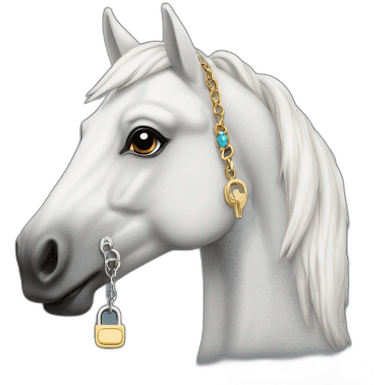 White stallion mustang wearing a key around the neck only necklace no mouth strap showing neck emoji