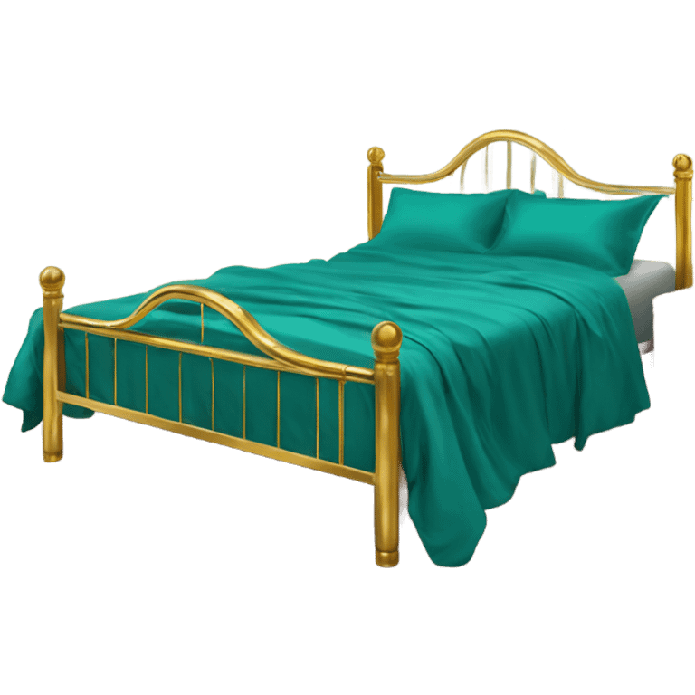 eighties bed with teal sheets and gold brass frame emoji