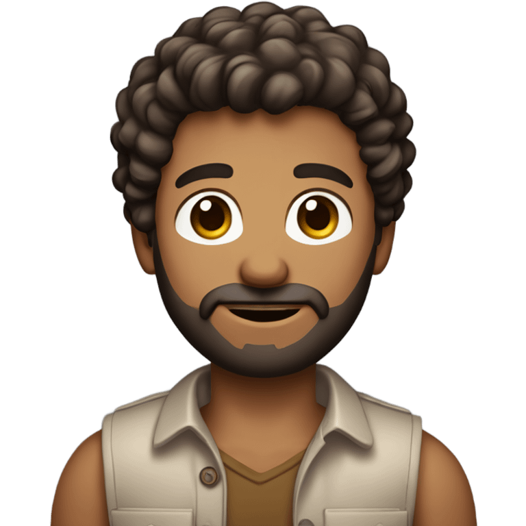 men holding his computer in hands. light brown skin men with curly dark brown hair, brown eyes, little grown beard. ust a tiny bit muscular. dressed casual. round face. emoji