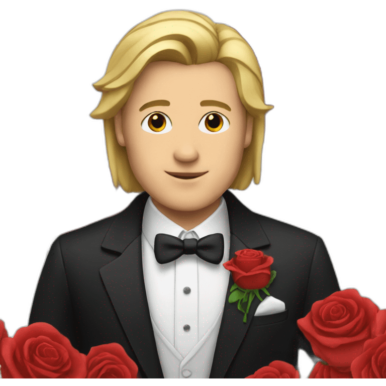 White guy with straight hair and red roses wearing tux emoji