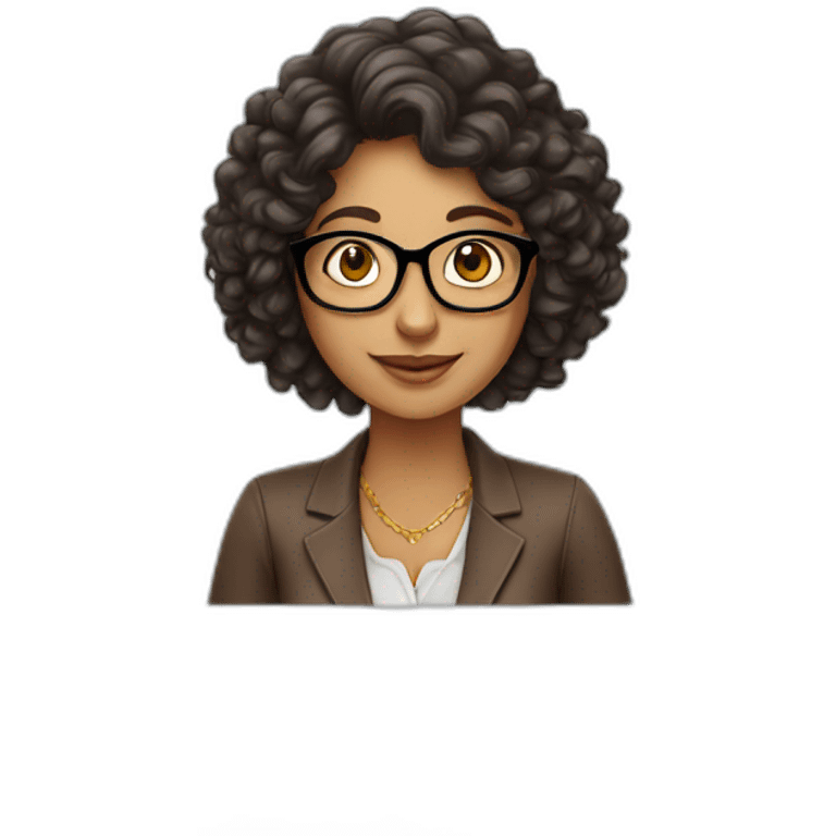 A curly indian lady with dark brown hair learning about uses glasses mortgages on a laptop emoji