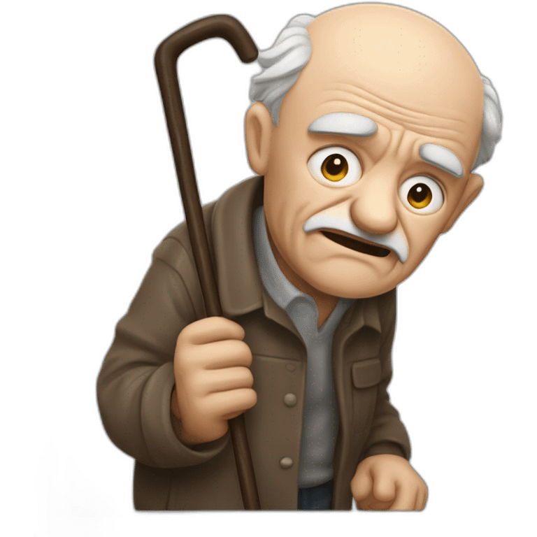 Old man leaning on a walking cane and holding his crancky back with his hand, grumpy face, detailed emoji