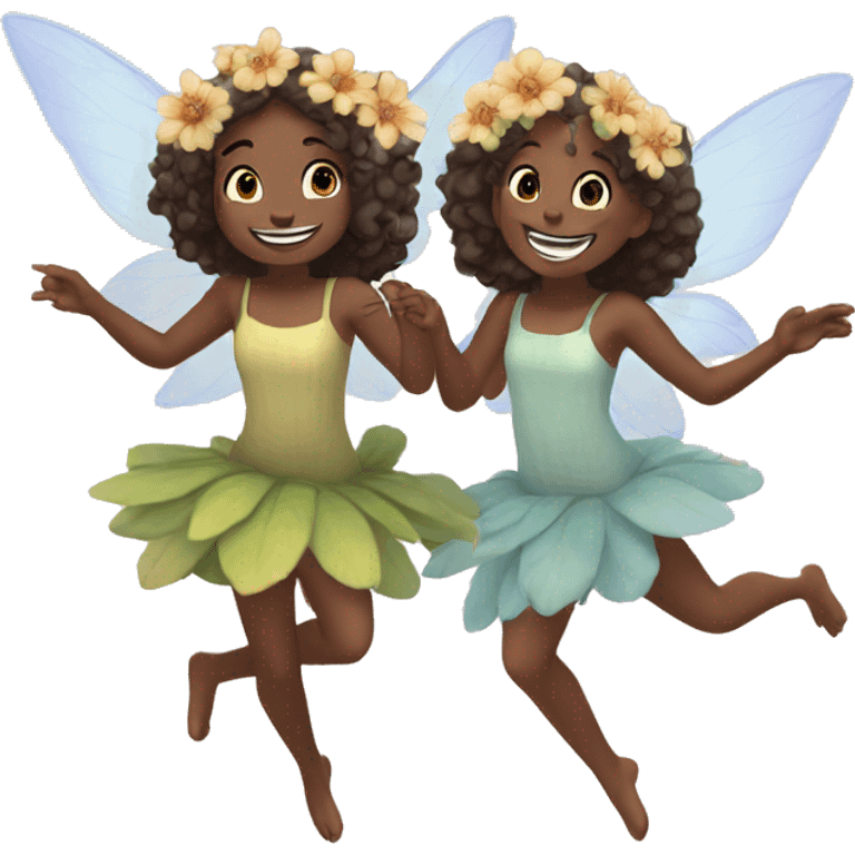 two fairies flying, beautiful, flowers in hair, smiling, aesthetic emoji