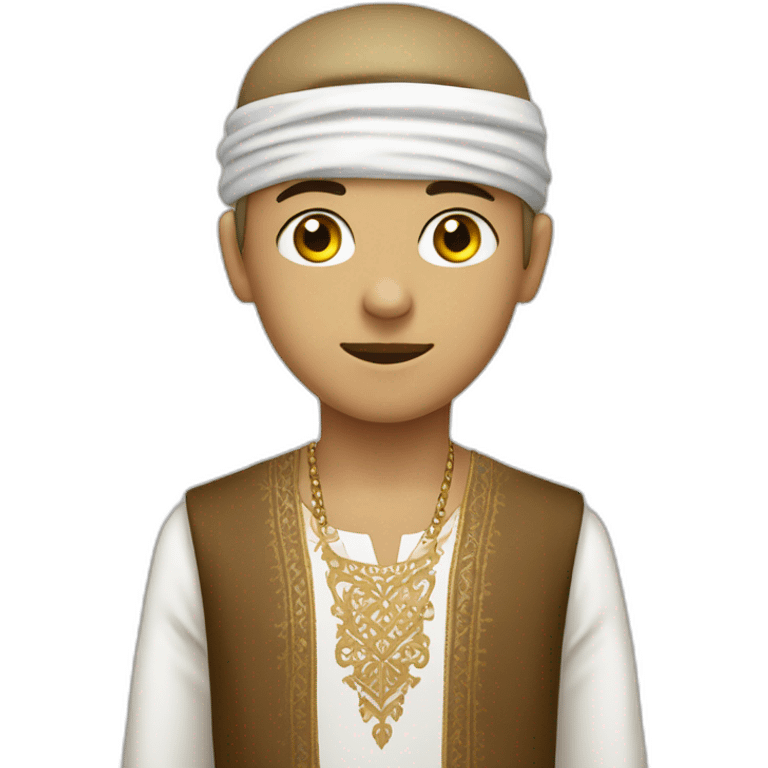 Boy wearing  white dress for male with a little Ornate collar   and wearing Embroidered light brown keffiyeh Blindfolded on his head  emoji