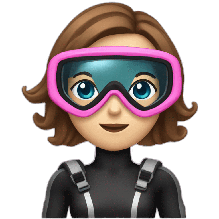 scubadiver woman, with brown and staright hair and black suit and Pink dive mask in her blue eyes emoji