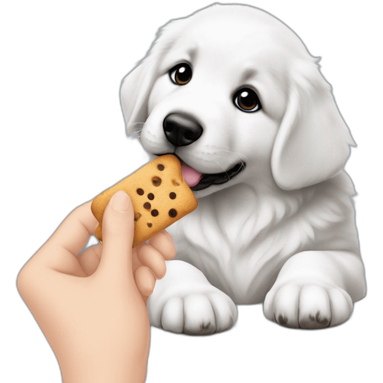 Little Great pyrenees puppy with black spot on one eye posing on the side looking at a hand with a treat emoji