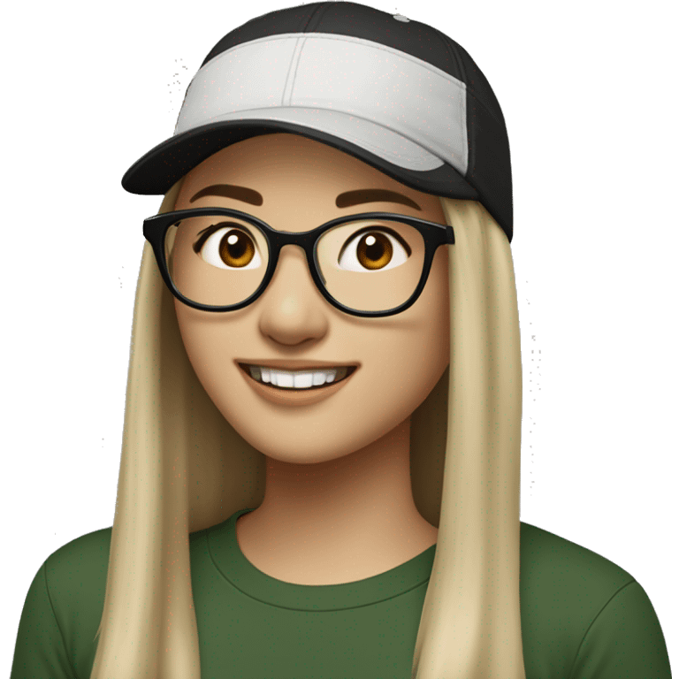 Hyper realistic, look from side, asian adult woman, light white skin, smiling with teeth, black eyes, spotted frame glasses, long light brown straight hair, black T-shirt, dark green cap. emoji