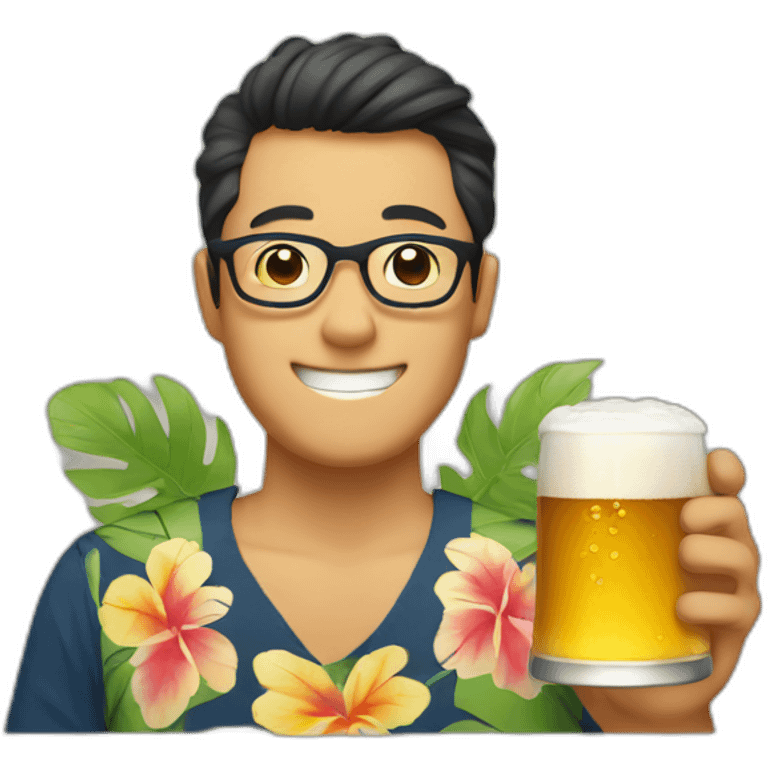 Japanese wearing glasses alohashirt is holding beer emoji