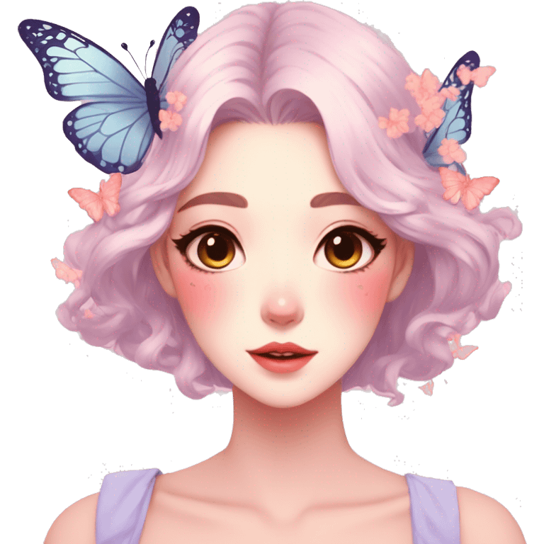 Gorgeous pastel anime style lady with blushing face and butterflies aesthetic trending style emoji