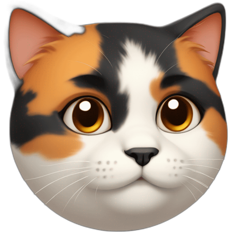 cute calico cat face with a round face and chubby cheeks, black fur on left side and orange fur on right side emoji