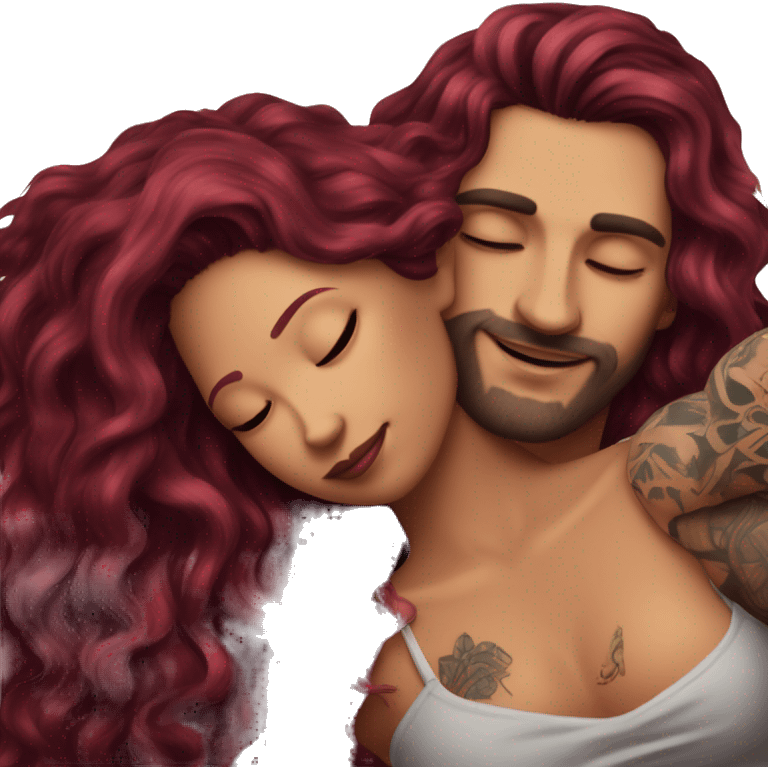 Beautiful tattooed burgundy long haired woman laying on the boyfriends chest emoji