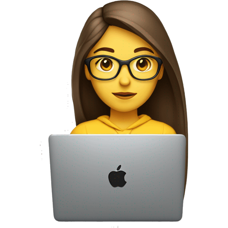 front view,white pretty female coder with apple laptop in front of her, very long straight brown hair, brown eyes, facing the right side looking at the laptop, yellow sweatshirt, transperant glasses emoji