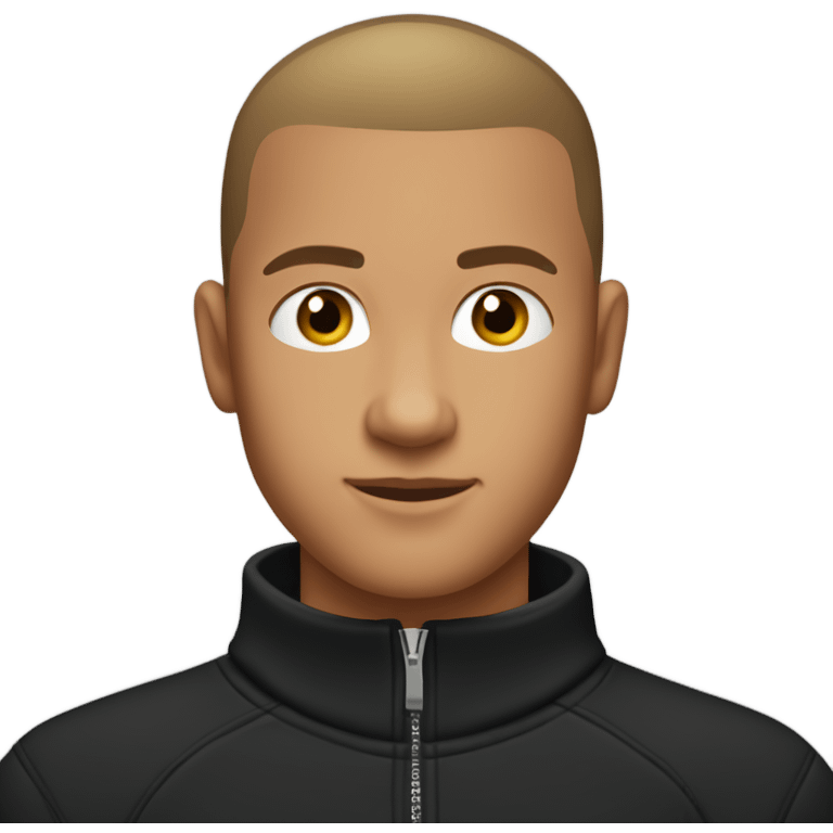 boy with light tanned skin, buzz cut, no facial hair, wearing a smart black quarter zip jumper with white t shirt underneath. emoji