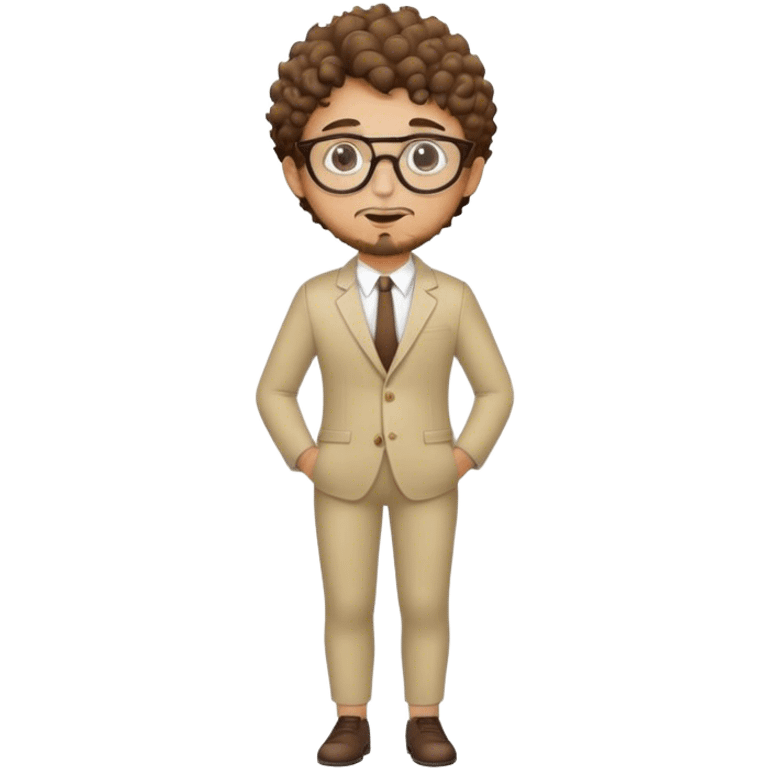 A young man with short curly brown hair, round glasses, light beard, and a stylish full-body suit. emoji