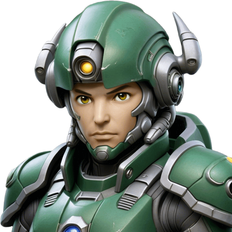 Cinematic Realistic StarCraft Terran Marine Portrait, head tilted dramatically with an exaggeratedly amused expression, blending futuristic grit with a hint of unexpected humor. His steely gaze and determined features, set against intricately detailed tactical armor in dark green and grey, are rendered with lifelike texture and dynamic lighting, high shine, dramatic yet whimsical, capturing the essence of a Terran Marine whose epic strength is accompanied by a playful edge. emoji