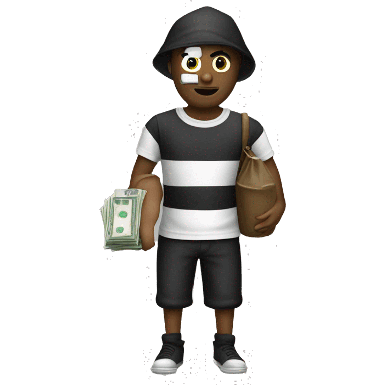 Robber wearing black and white T-shirt and holding bag of money emoji