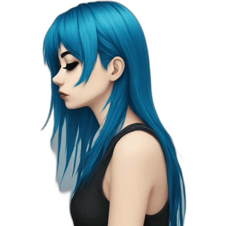 Side profile sad emo girl, black makeup, long choppy blue hair side bangs emoji