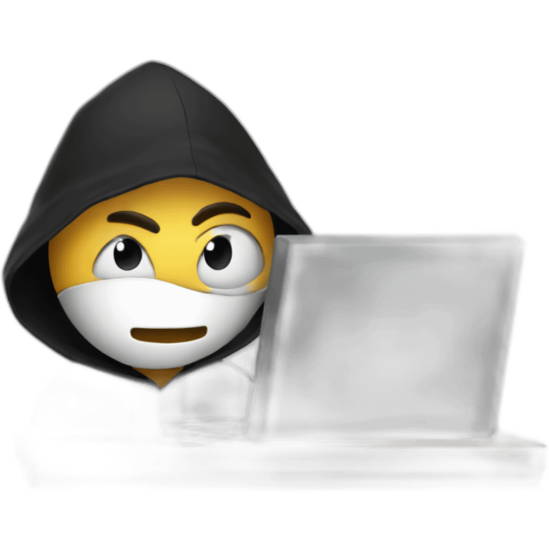 White Developers  with a black hood behind his computer and focus on his code  emoji