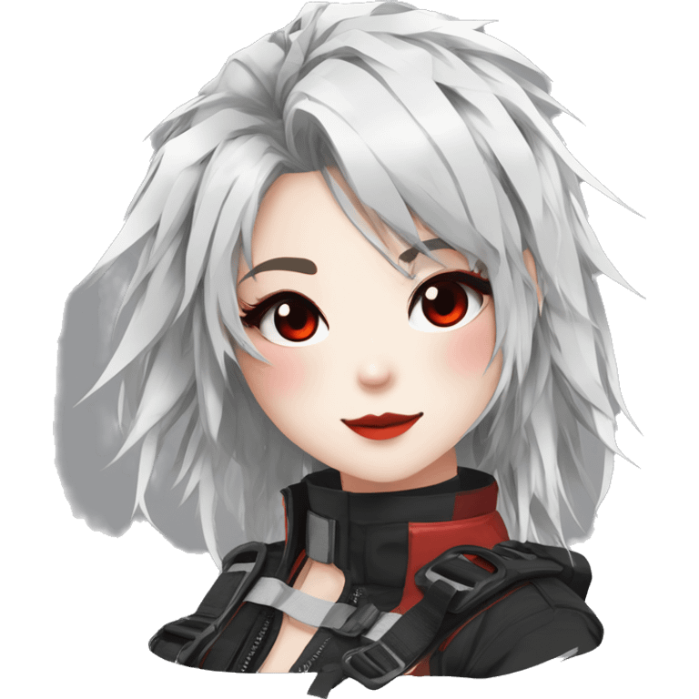 Gorgeous techwear anime style lady with blushing face aesthetic and pretty edgy black red white punk messy hair with collar and harness trending style emoji