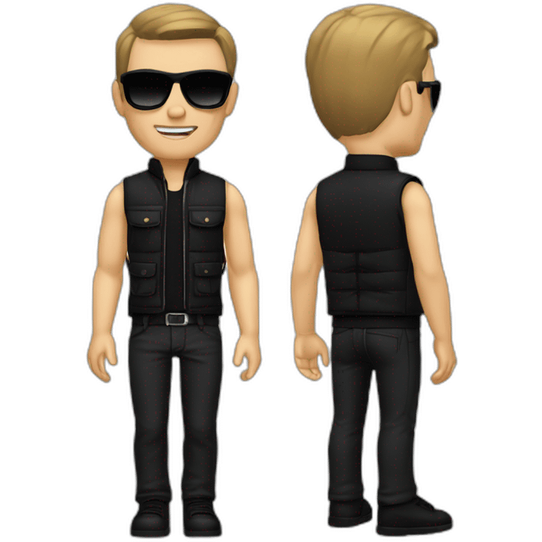 Man a 27 years , white skin , with black  sunglasses , black high neck , brawn vest , black pantaloon, brawn shoes with black watch  emoji