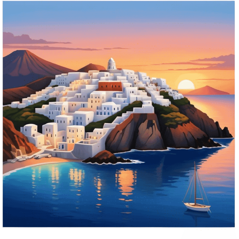 Cinematic Realistic Santorini Caldera Landmark Emoji, featuring white-washed buildings perched on volcanic cliffs, overlooking the deep blue Aegean Sea, with warm sunset hues illuminating the sky and reflecting off the water. emoji