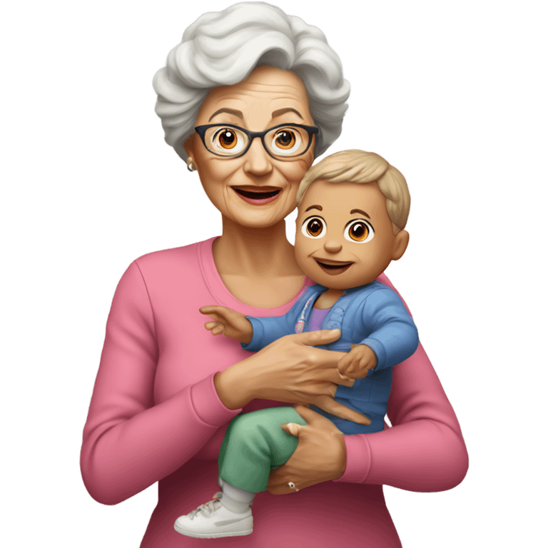 Create a 3d hyper realistic photo of a senior woman holding a toddler  emoji