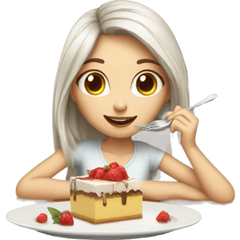 White skin girl eating desert on a table emoji