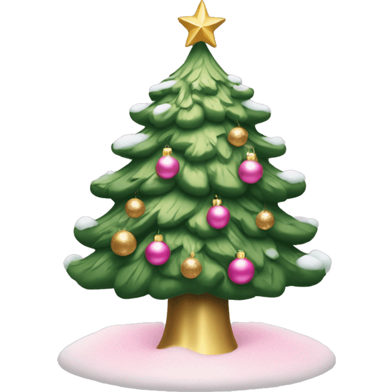 Green Christmas tree with snow, pink and golden ornaments emoji