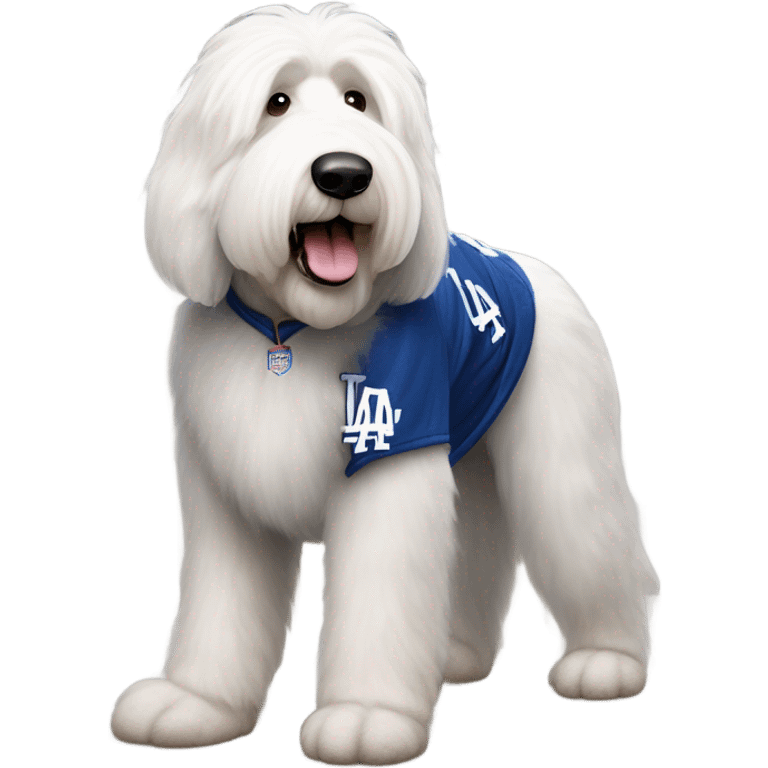 Old English Sheepdog full height wearing a Los Angeles dodgers jersey emoji