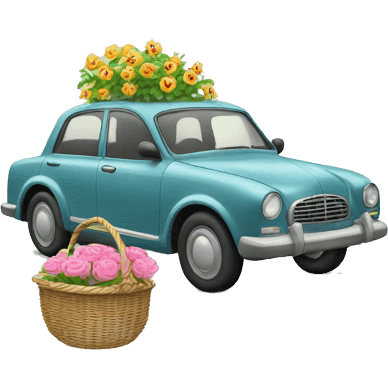 car wearing a bow tie going on a walk with a basket of flowers emoji