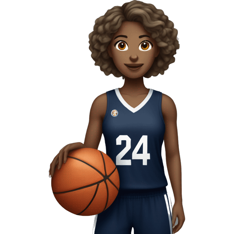  wavy soft hair female wearing navy blue basketball jersey that has the number 24 & holding a basketball emoji