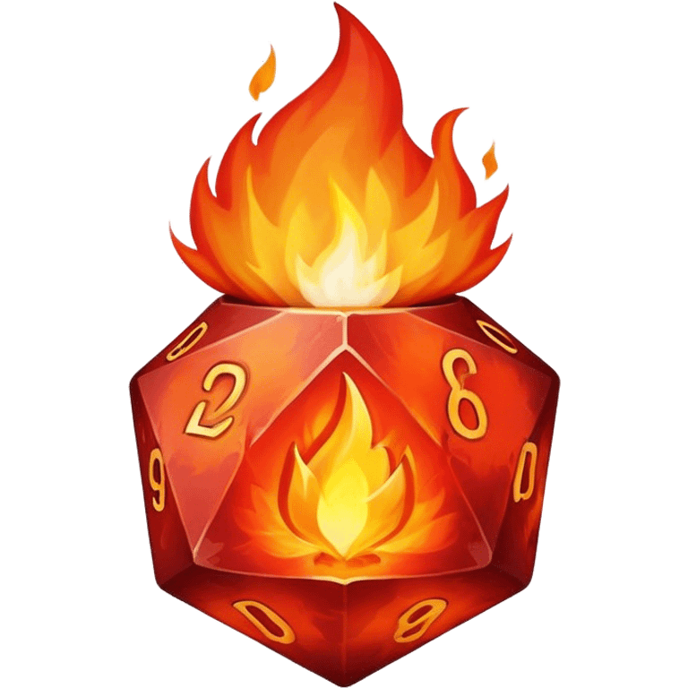 A rising flame with a small d20 inside emoji