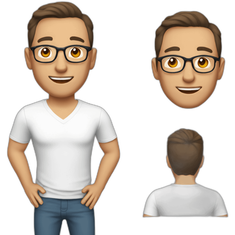 Middle aged gay male with brown hair, round glasses, earrings,silver necklace,smooth shaven emoji