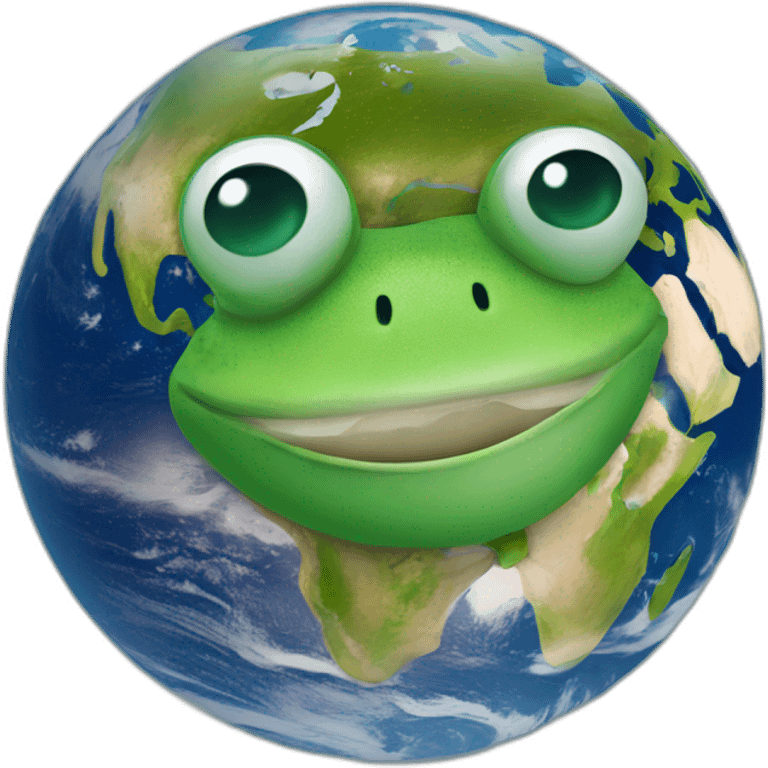 planet Earth with a cartoon smiling frog face with smiling eyes emoji