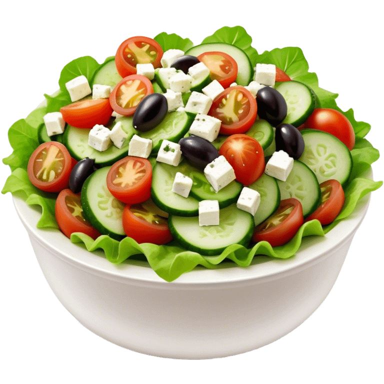 Cinematic Realistic Greek Salad Dish Emoji, depicted with crisp lettuce, tomatoes, cucumbers, olives, and feta cheese rendered with vibrant textures and fresh, natural lighting. emoji