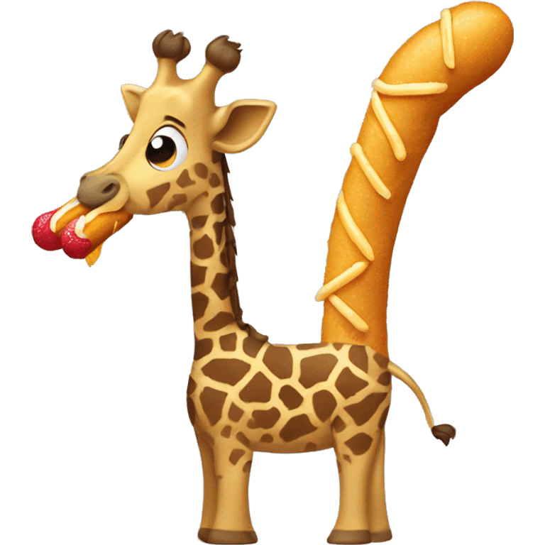 Giraffe in swim trunks eating a corndog emoji