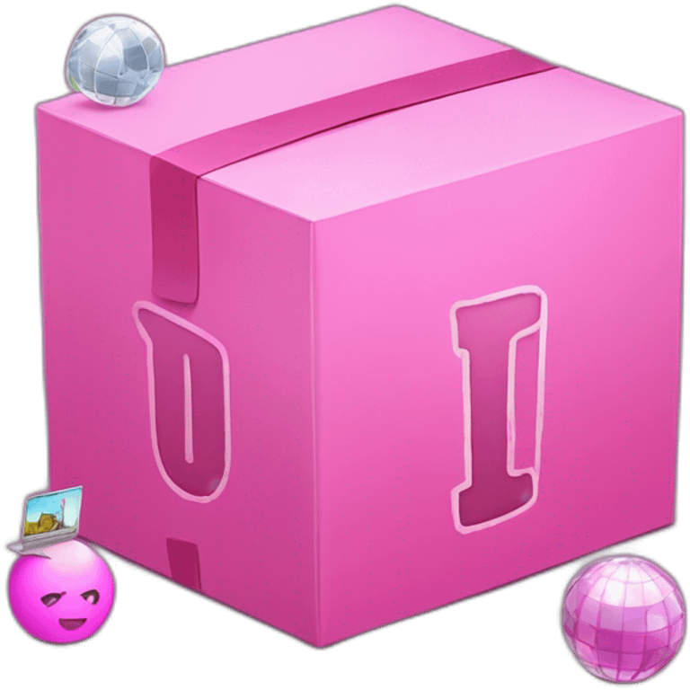 Inside a pink box, the letter "u" is in the middle, and disco ball, laptop, pencil and paint emojis peeking out from around the box. emoji