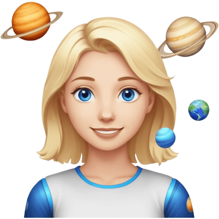 A blonde with blue eyes and a friendly smile stands while the planets spin emoji