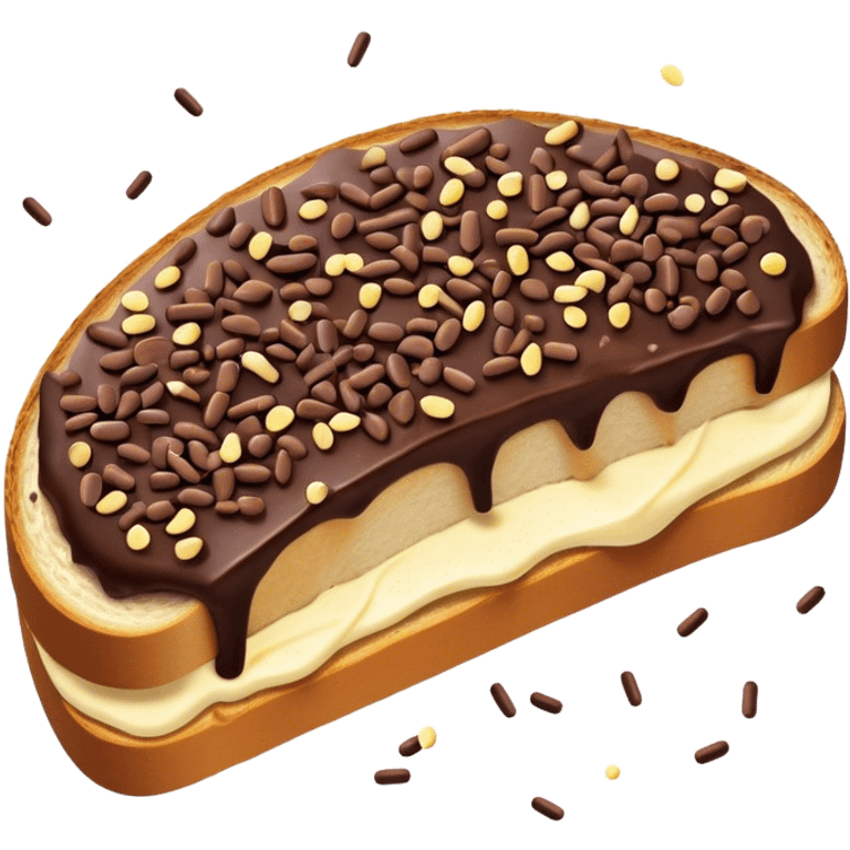 Hagelslag Cinematic Realistic Hagelslag Treat Emoji, depicted as crunchy chocolate sprinkles scattered on a slice of buttered bread, rendered with vivid textures and playful, inviting lighting. emoji