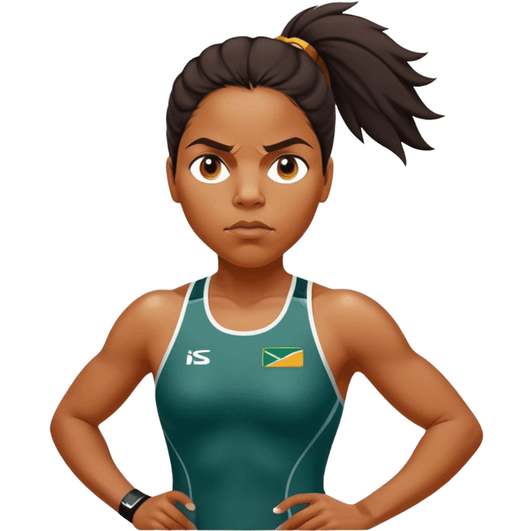 Cinematic Realistic portrait of Cathy Freeman, shown as an iconic Australian athlete with a focused, determined expression and modern athletic attire accented with subtle native motifs, rendered in dynamic, vibrant lighting emoji