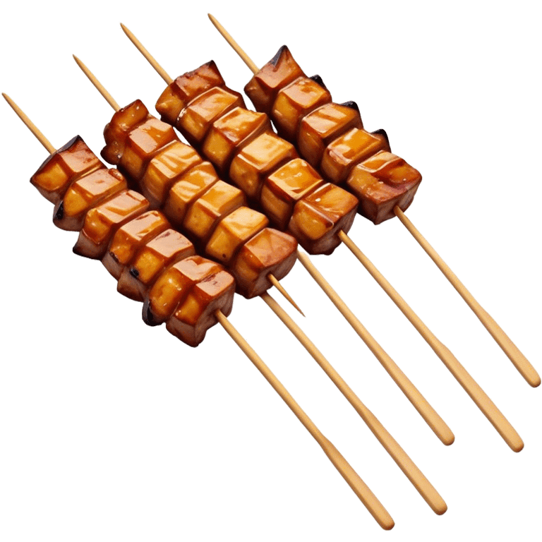 Cinematic Realistic Satay Dish Emoji, depicted as skewered, marinated meat grilled to perfection rendered with rich, smoky textures and dynamic, appetizing lighting. emoji