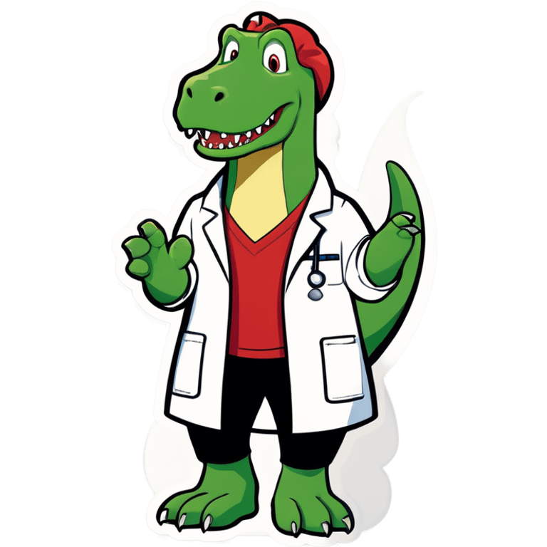 Green trex wearing a white lab coat with name tag that says Rex emoji