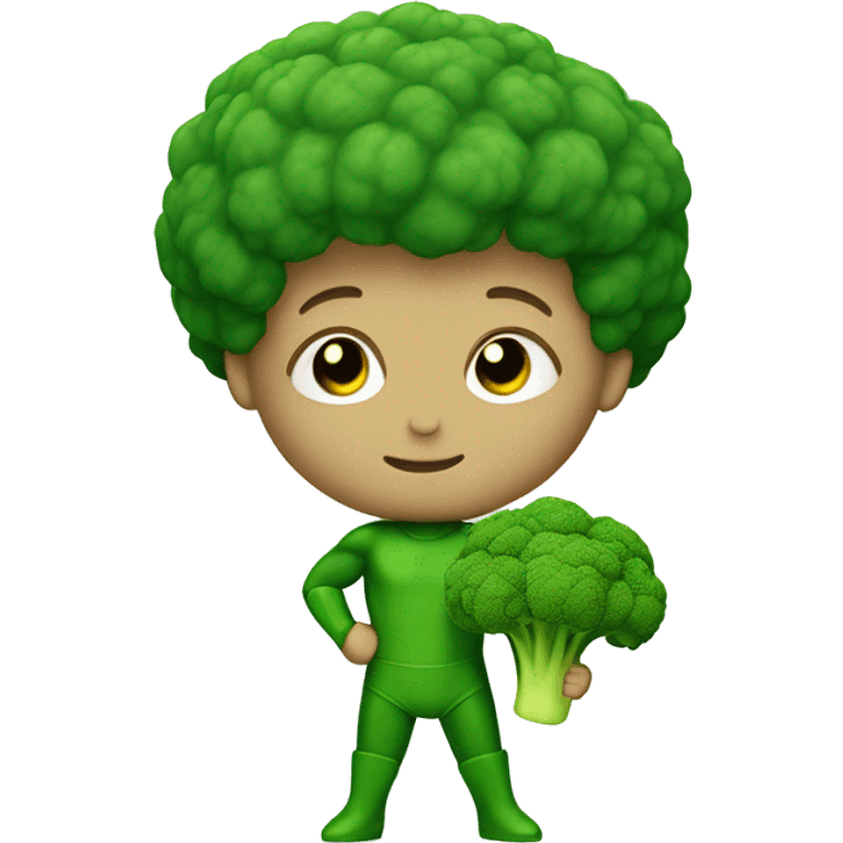 cute mini superhero with green clothes and a broccoli as hair,  full body saying hello emoji