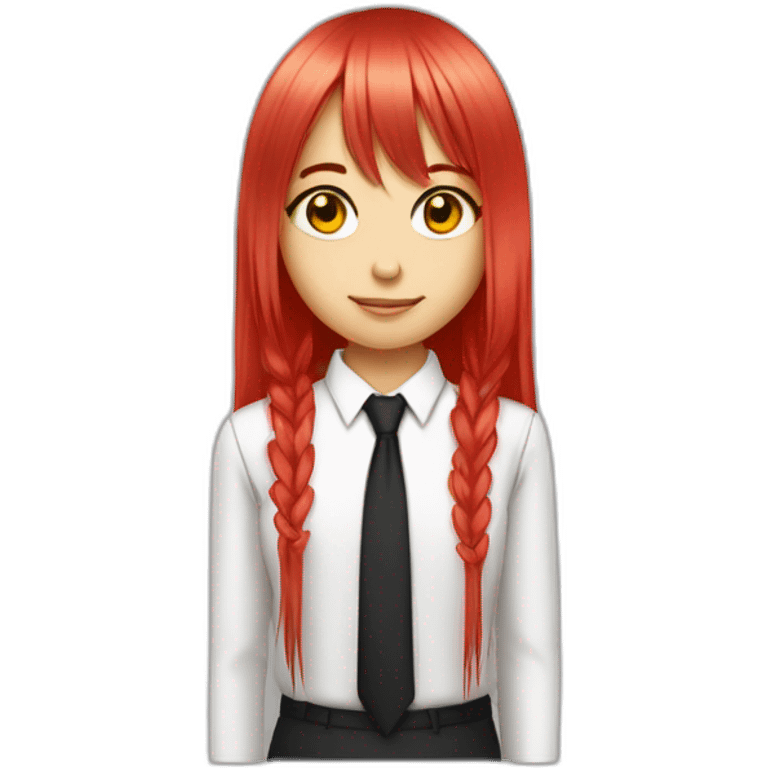 (gril) makima with long straight red or pink hair fringe, yellow eyes with a circle inside and a white shirt with long sleeve and black tie emoji