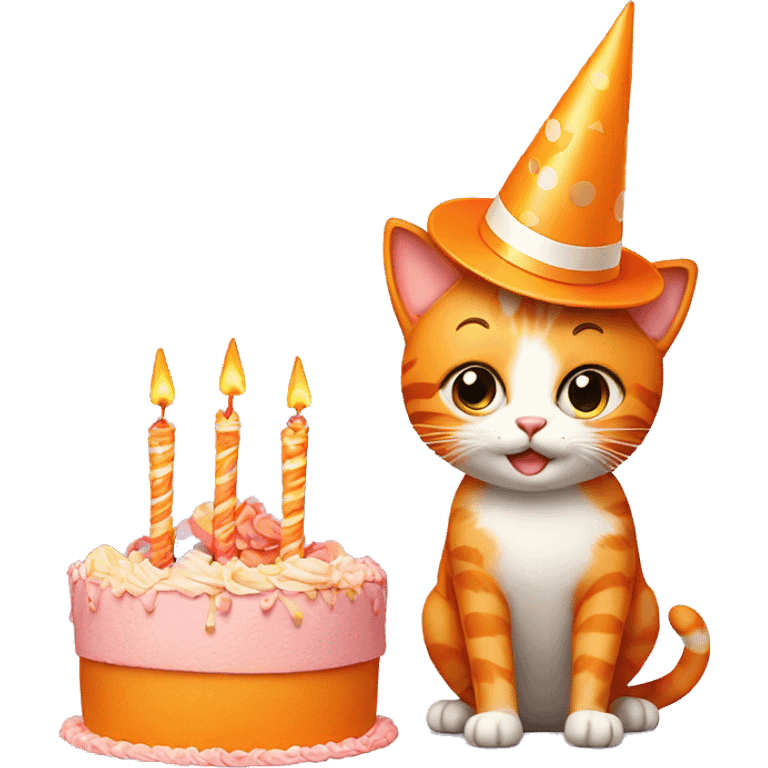 Orange cat with party hat and cake emoji