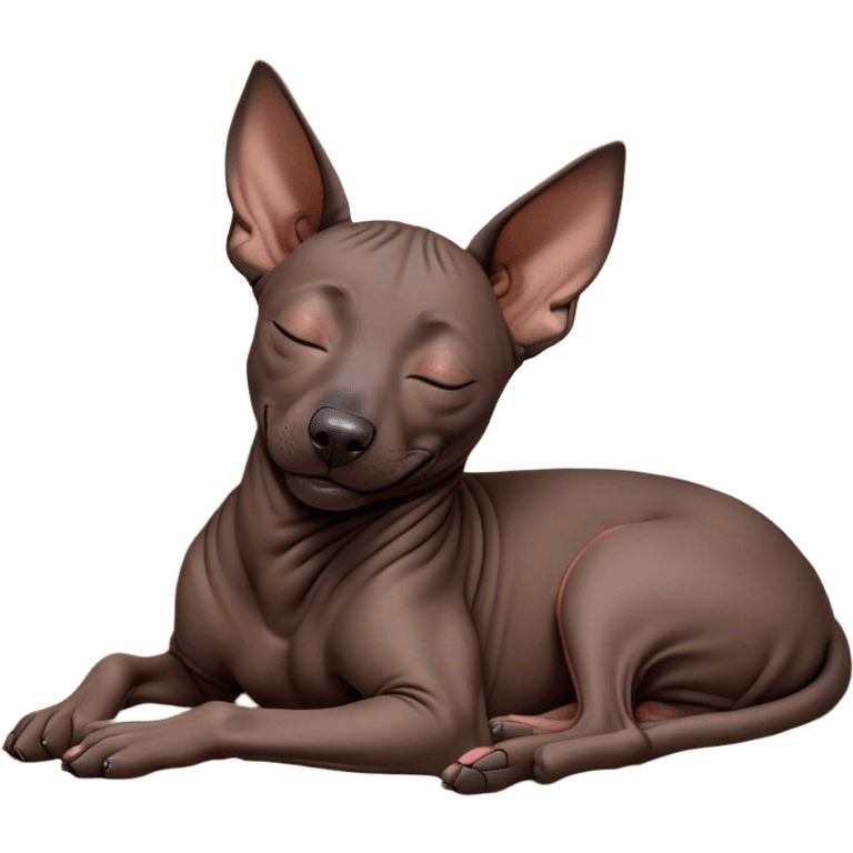 Meme-Worthy Cute Sleeping Xoloitzcuintle dog Portrait Emoji, Head resting peacefully with a contented smile, showcasing a sleek, muscular build with smooth, hairless ebony skin and gently relaxed wrinkles, eyes shut in a serene nap, Simplified yet hilariously adorable features, highly detailed, glowing with a soft, drowsy light, high shine, relaxed and utterly lovable, stylized with an air of playful laziness, bright and heartwarming, soft glowing outline, capturing the essence of a comically sleepy guardian, so meme-worthy it feels like it could instantly become the next viral sensation of adorable slumber! emoji