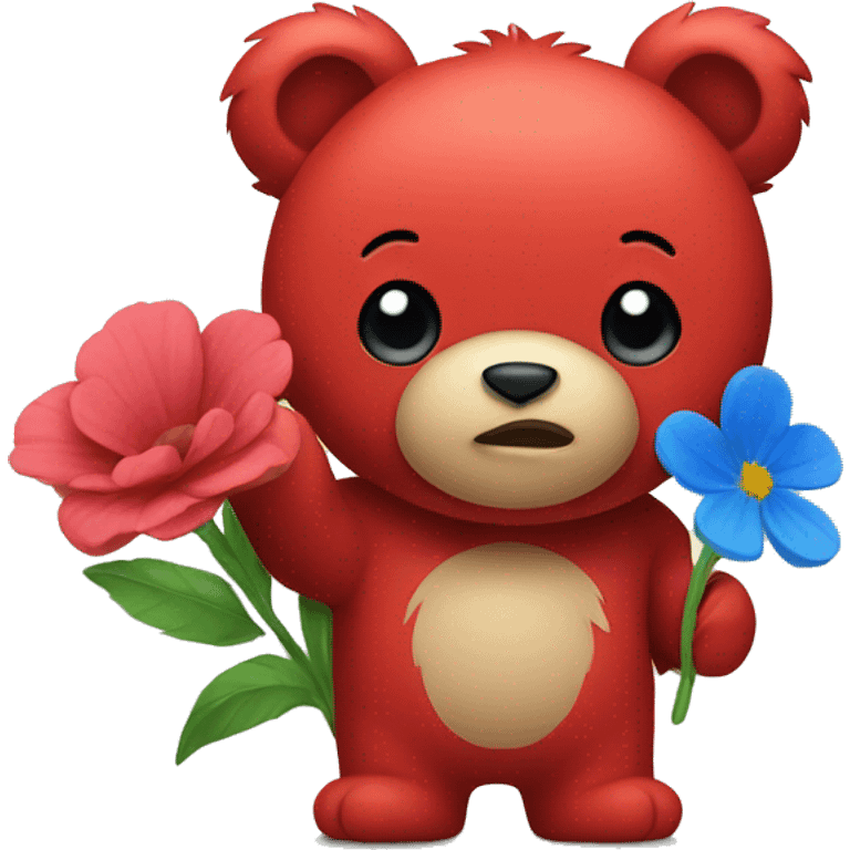 Red and blue bear with a flower  emoji